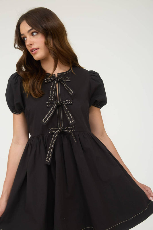 FRONT TIE PUFF SLEEVE BABYDOLL DRESS