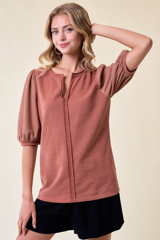 SLIT NECK PUFF SLEEVE TOP