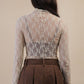 Fitted Sheer Mesh Lace Knit Top: CHAMPAGNE