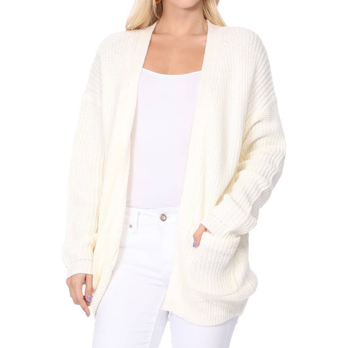 Waffle Knit Open Front Sweater Cardigan