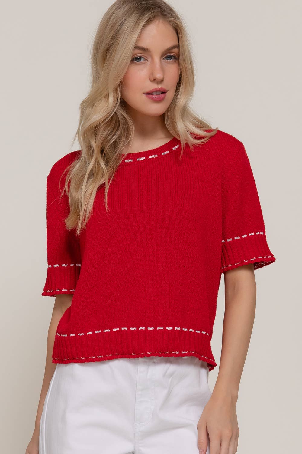 Short Sleeve Red/Wht Sweater