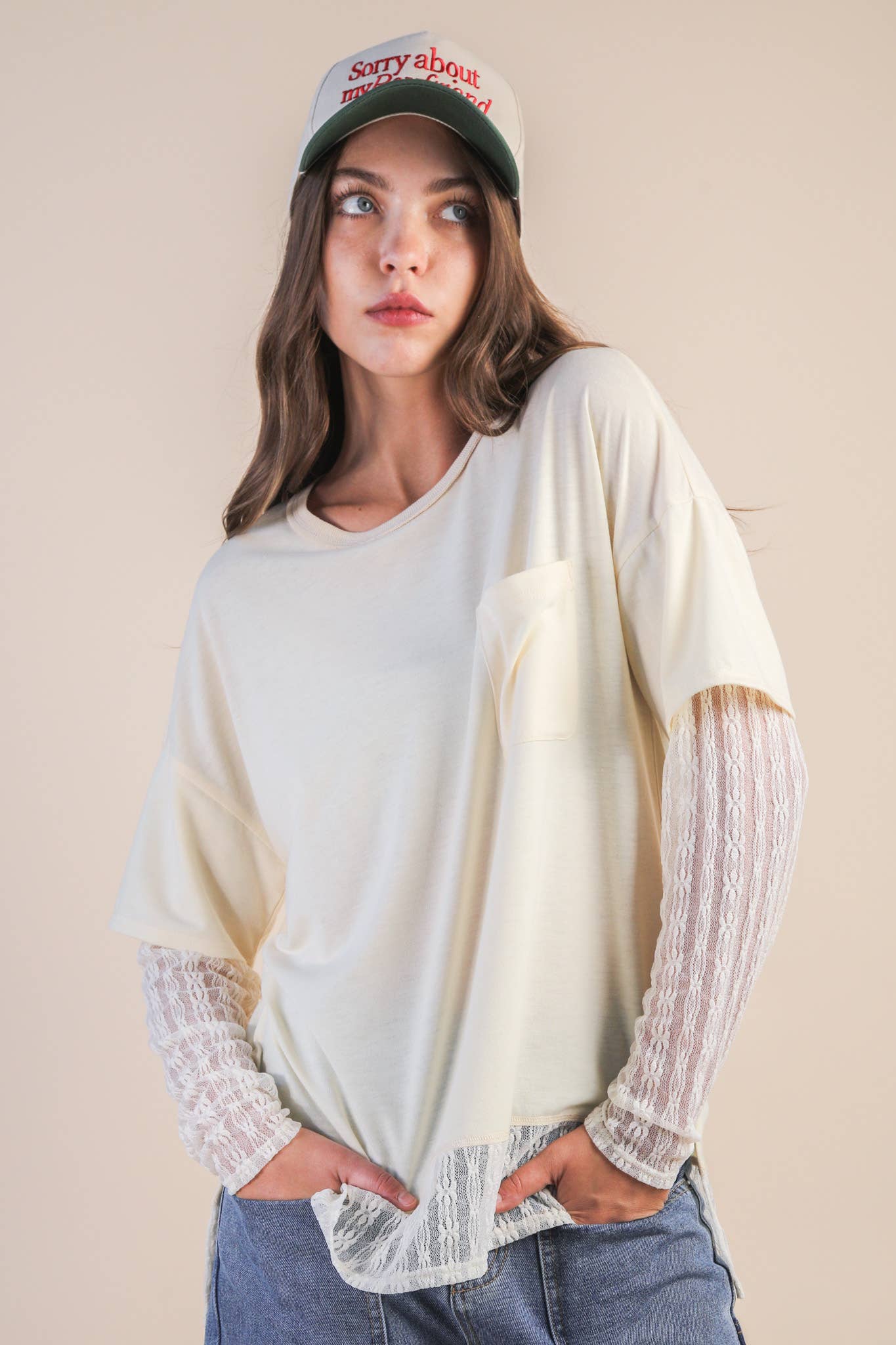 Lace sleeve pocket tee