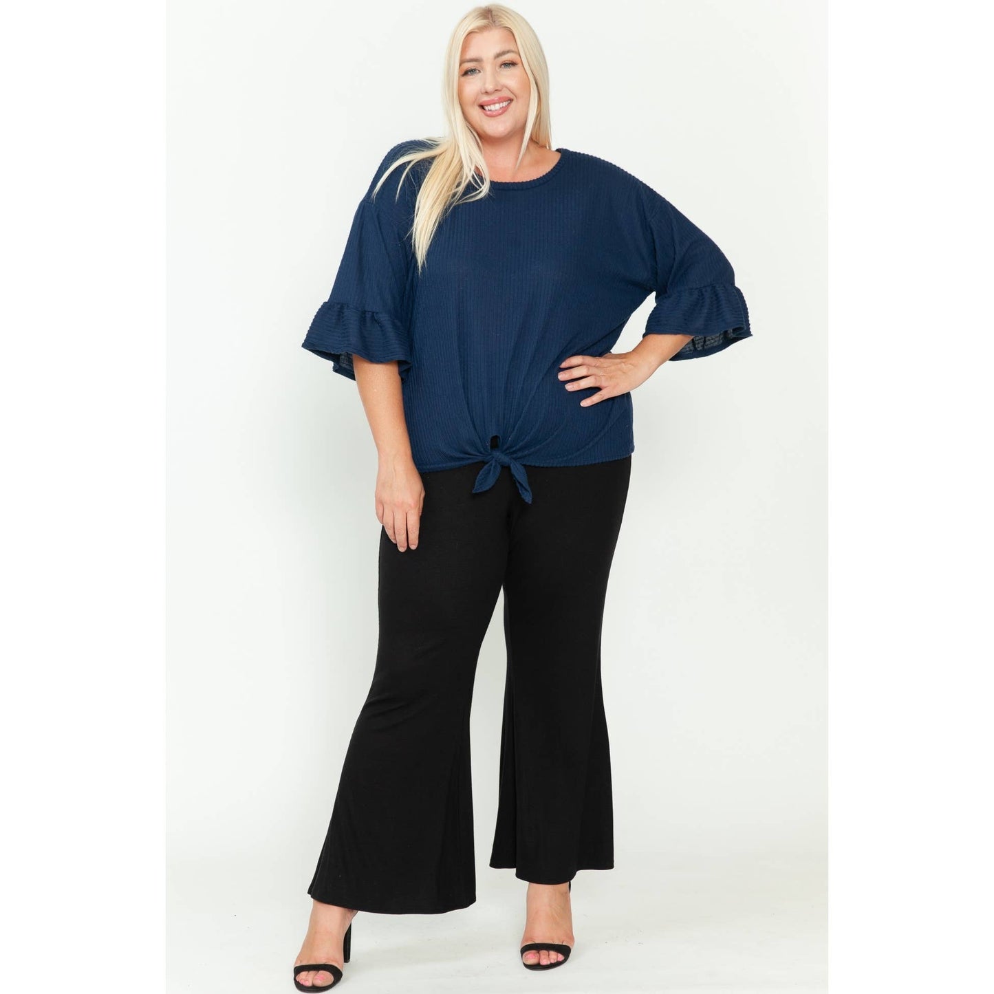 Curvy Tie Front Ruffle Sleeve Brushed Ribbed Top