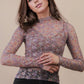 Fitted Sheer Mesh Lace Knit Top: CHAMPAGNE