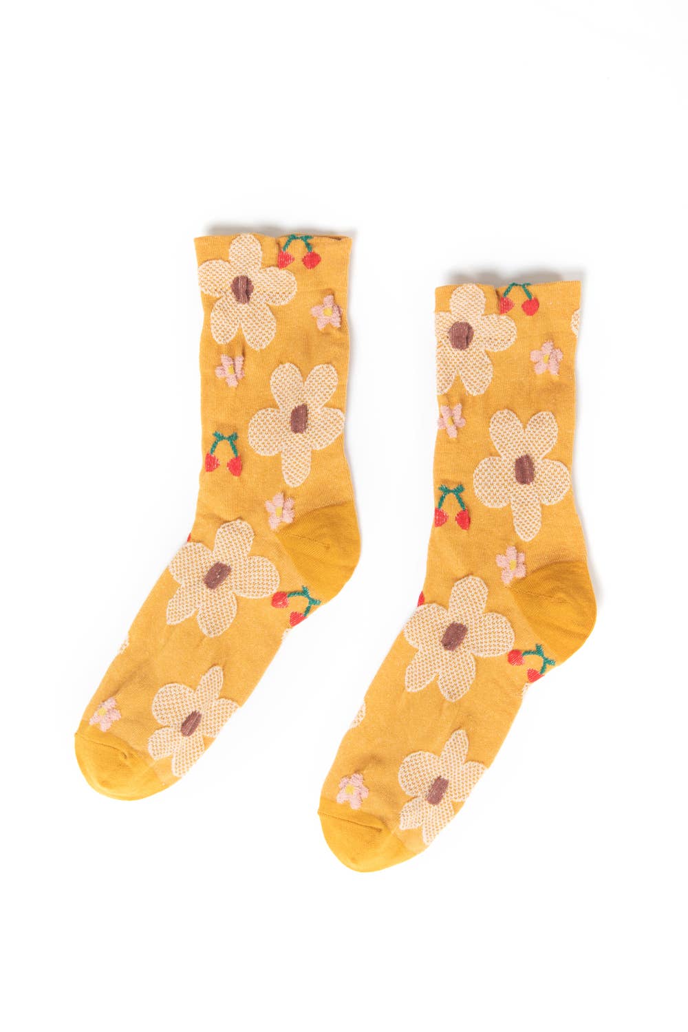 Floral Crew Socks-Mustard