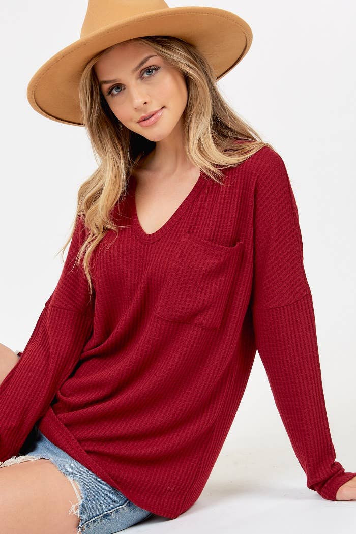 Deep V-neck Waffle Top