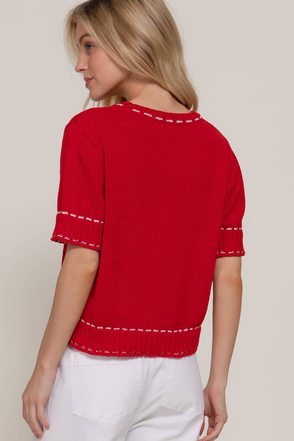 Short Sleeve Red/Wht Sweater