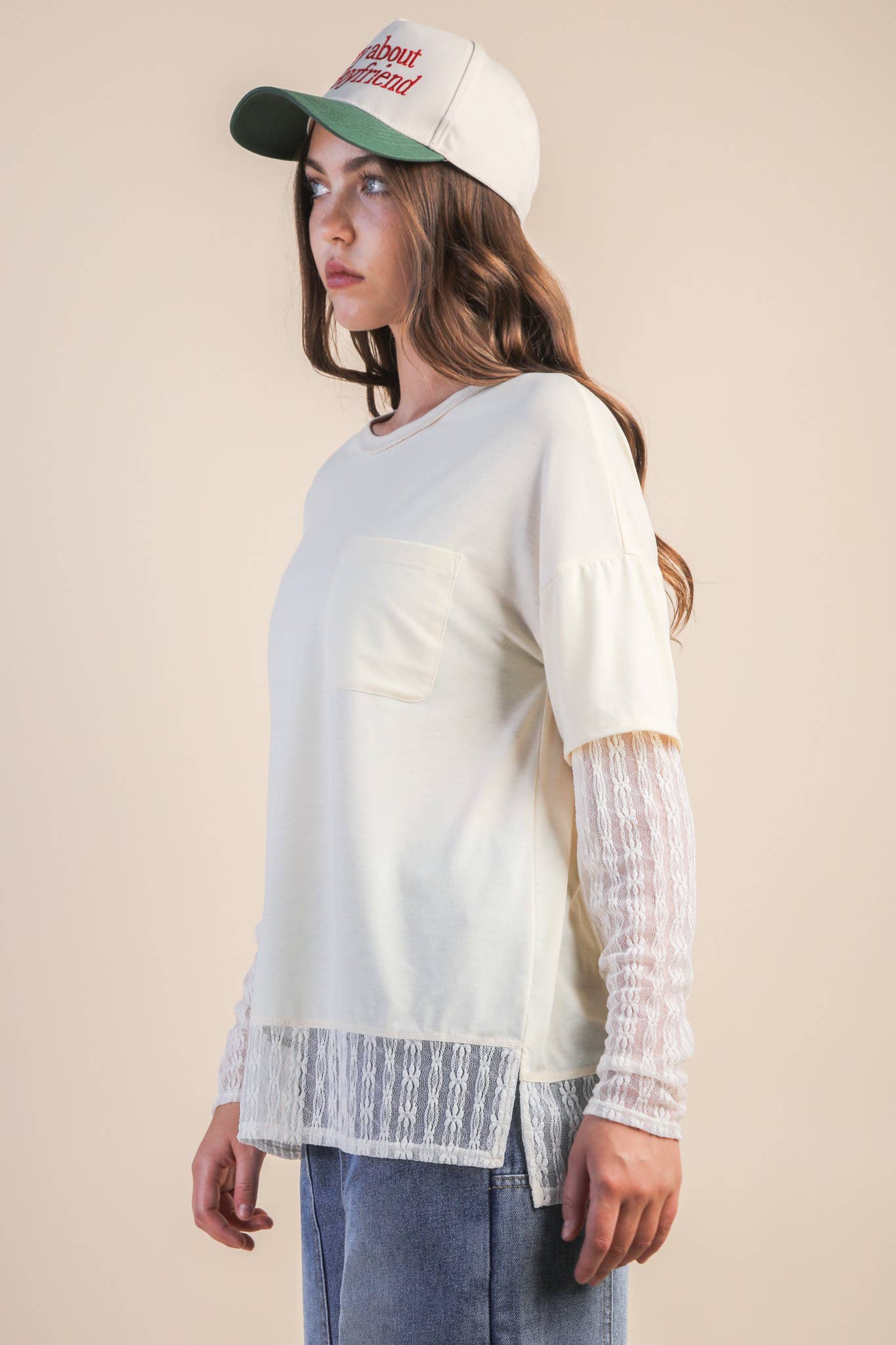 Lace sleeve pocket tee