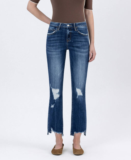 LV1163: MID-RISE DESTROYED HEM CROP KICK FLARE JEANS