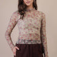 Fitted Sheer Mesh Lace Knit Top: CHAMPAGNE