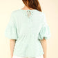 Crinkle Pom Pom Knit Puff Sleeve Babydoll Top