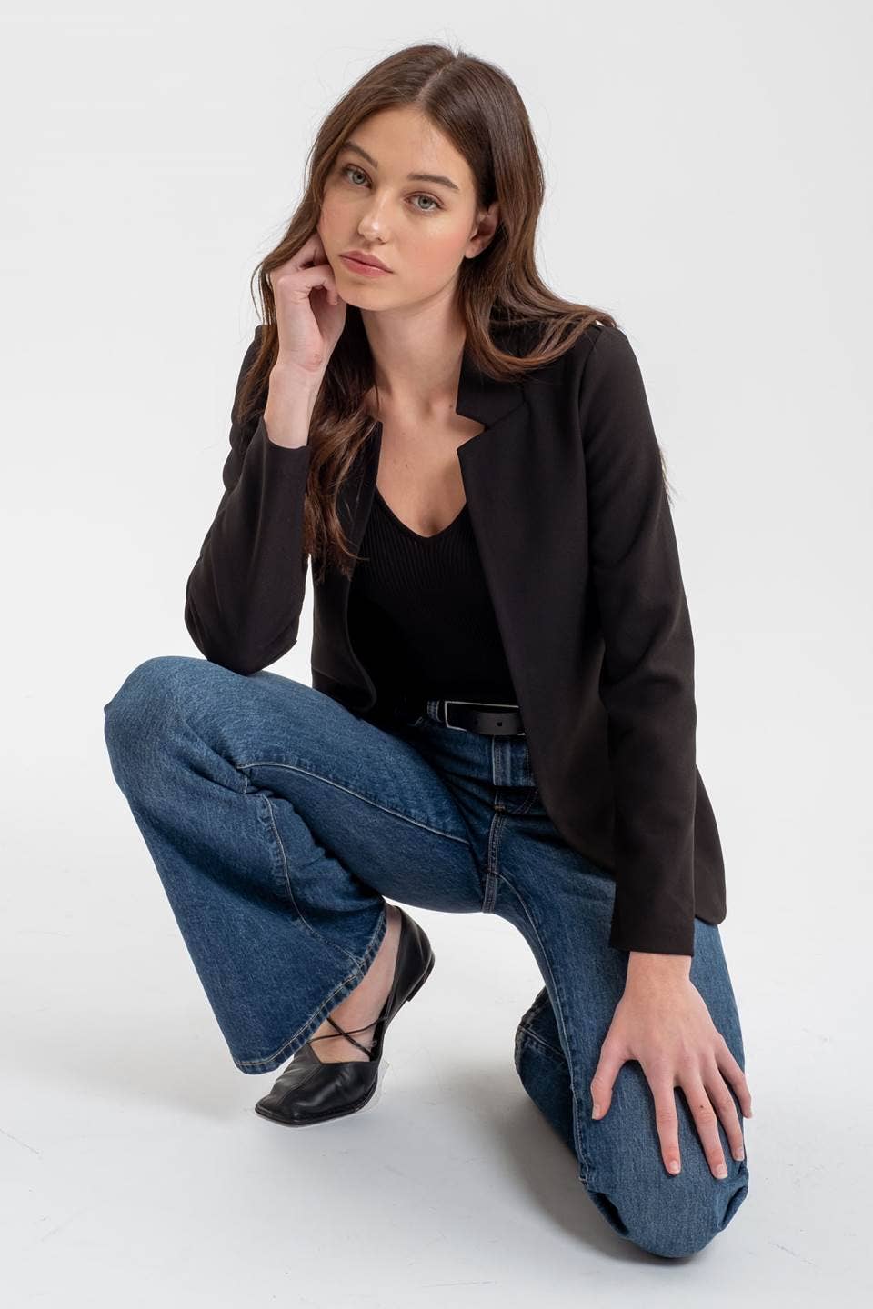 BLACK NOTCH COLLAR LONG LINE BLAZER