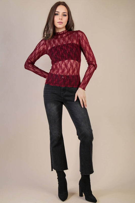 Wine Sheer Mesh Lace Knit Top