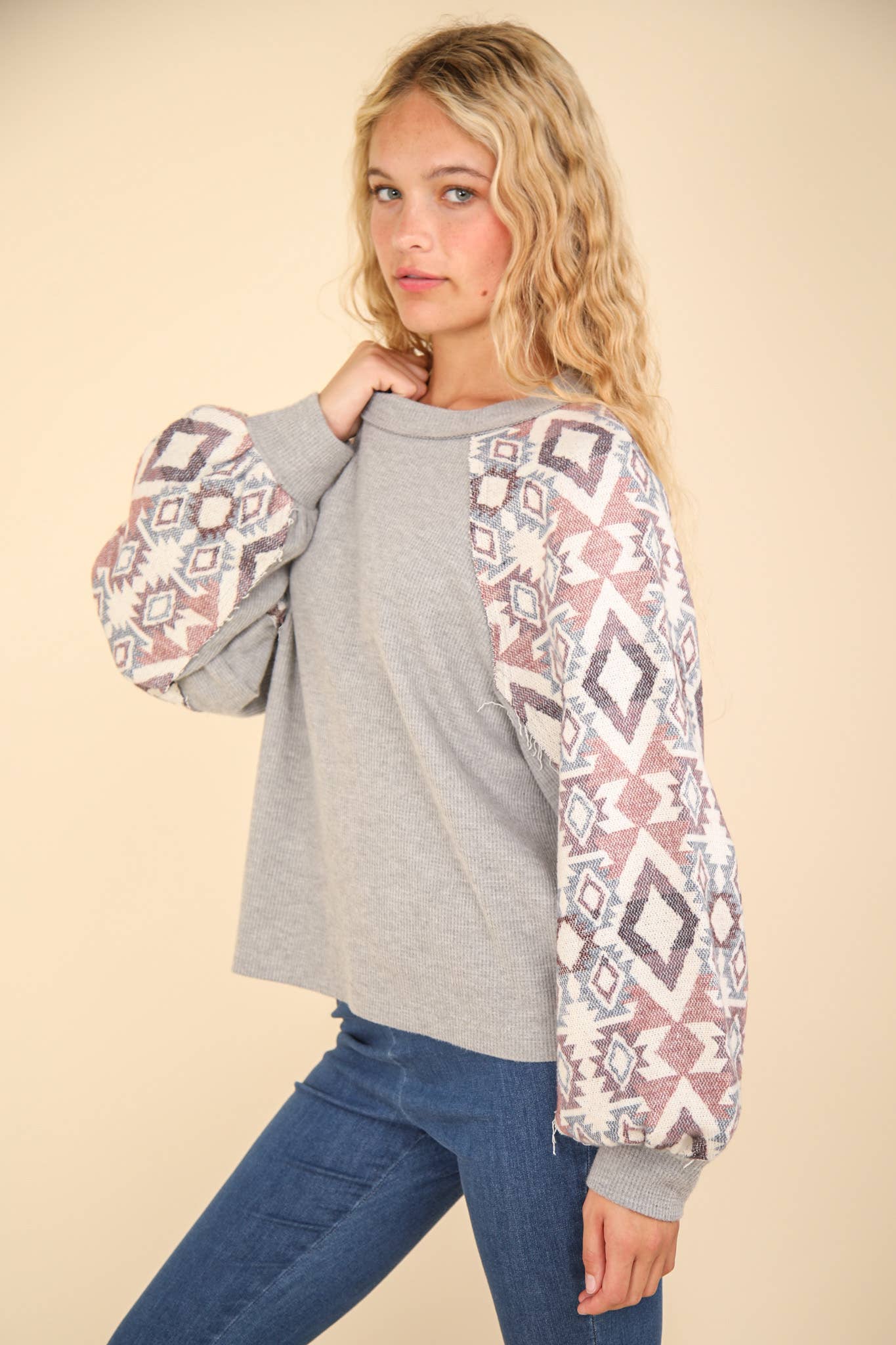 Aztec Printed Sleeve Knit Top