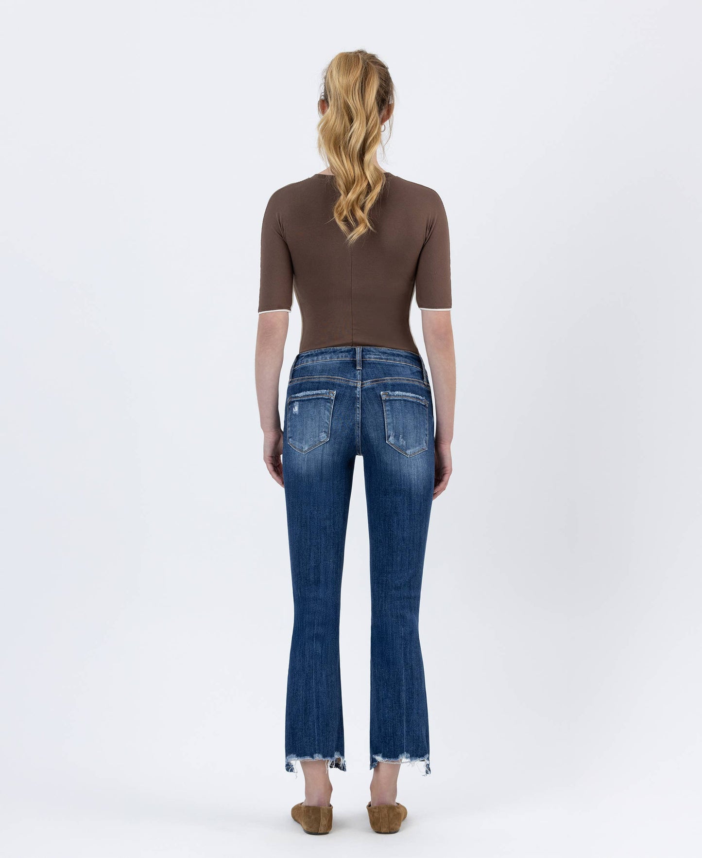 LV1163: MID-RISE DESTROYED HEM CROP KICK FLARE JEANS