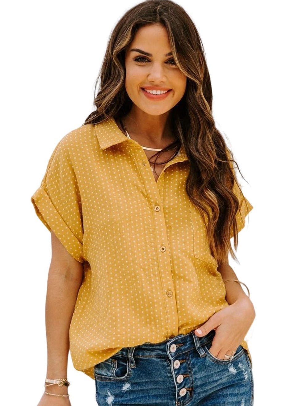 Yellow and White Button Down Top