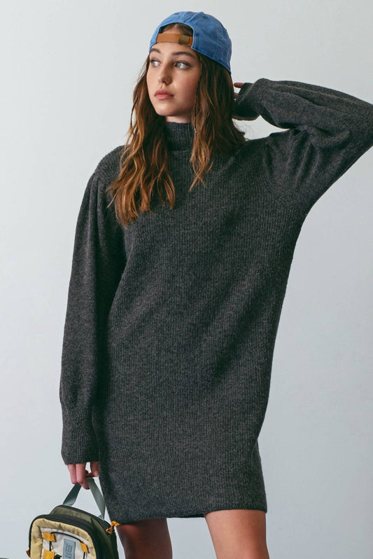 MOCK NECK PUFF SLEEVE SWEATER DRESS