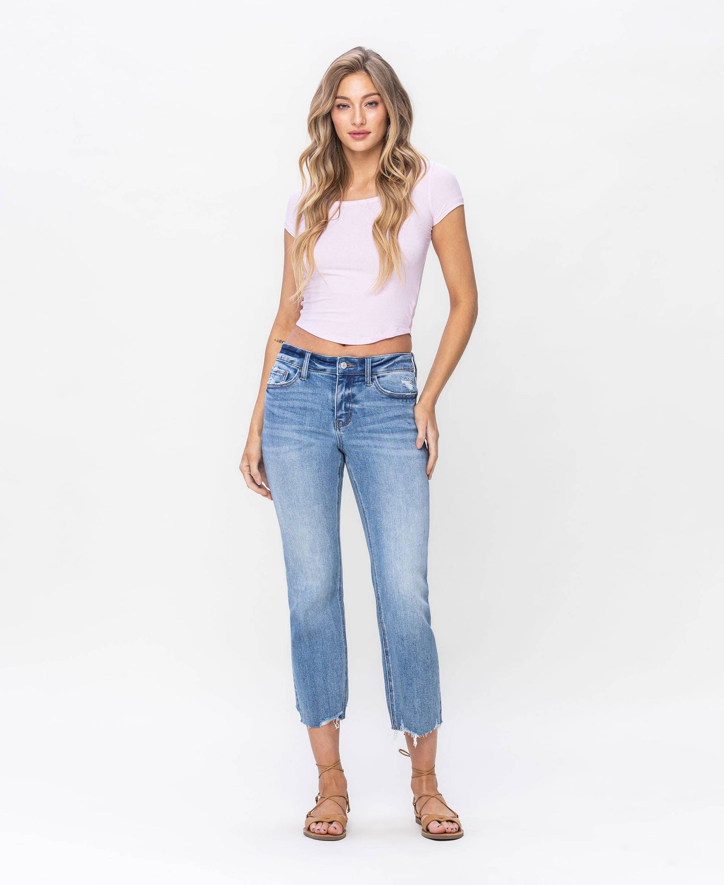 LV1179:Mid-rise Cropped Straight Light Wash Jeans