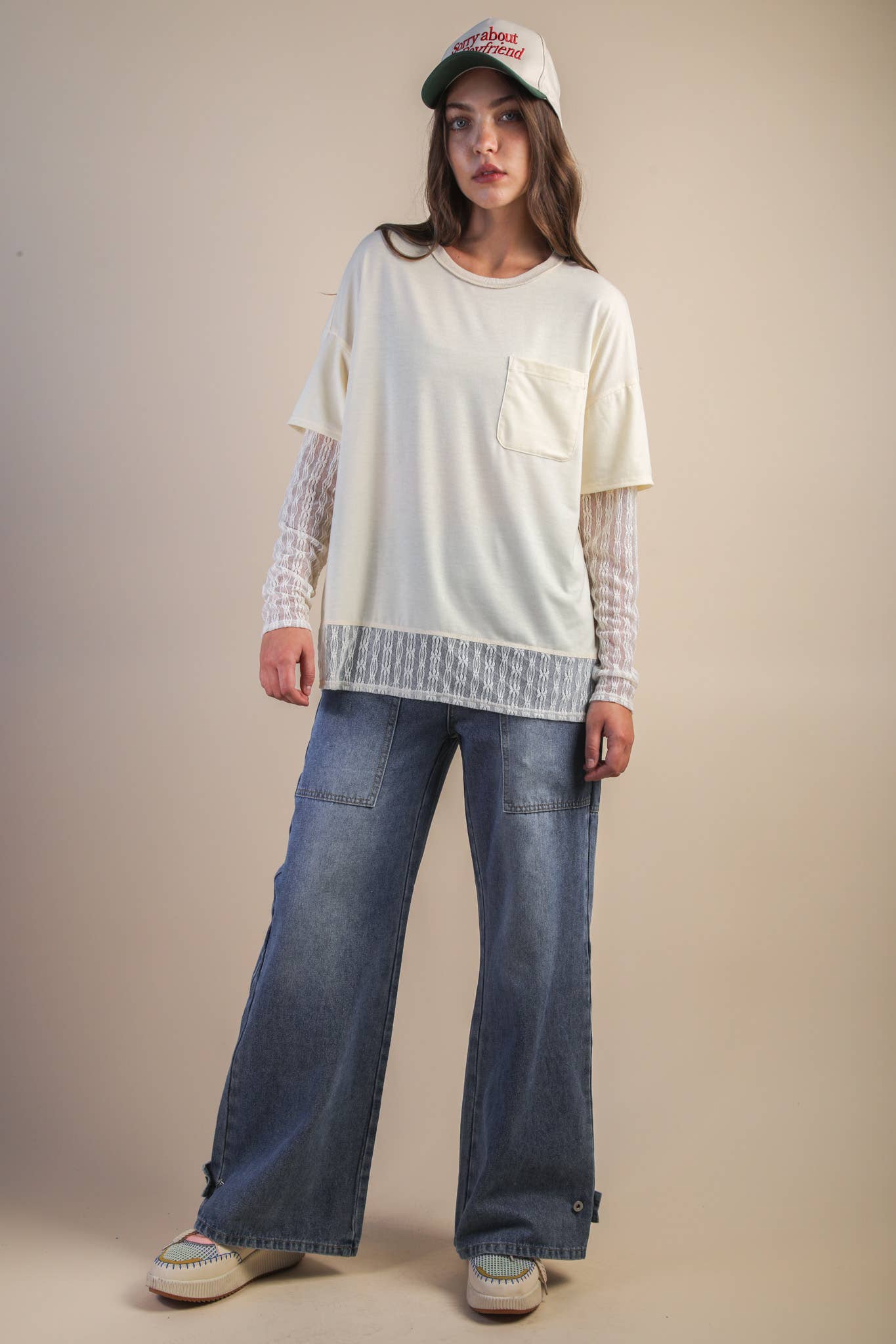 Lace sleeve pocket tee