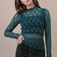 Fitted Sheer Mesh Lace Knit Top: CHAMPAGNE
