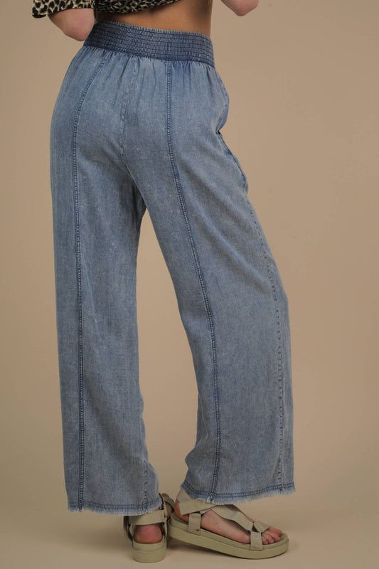 Smock Waist Washed Chambray Wide Pants