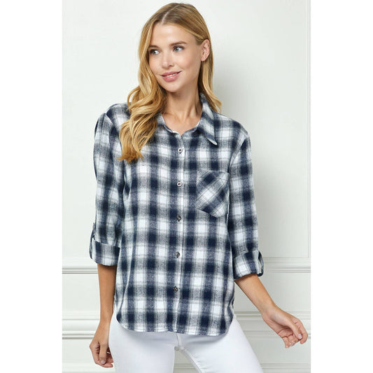 IVORY/NAVY PLAID FLANNEL SHIRT