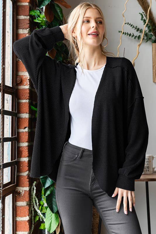 PUFF SLEEVE RIBBED OPEN CARDIGAN