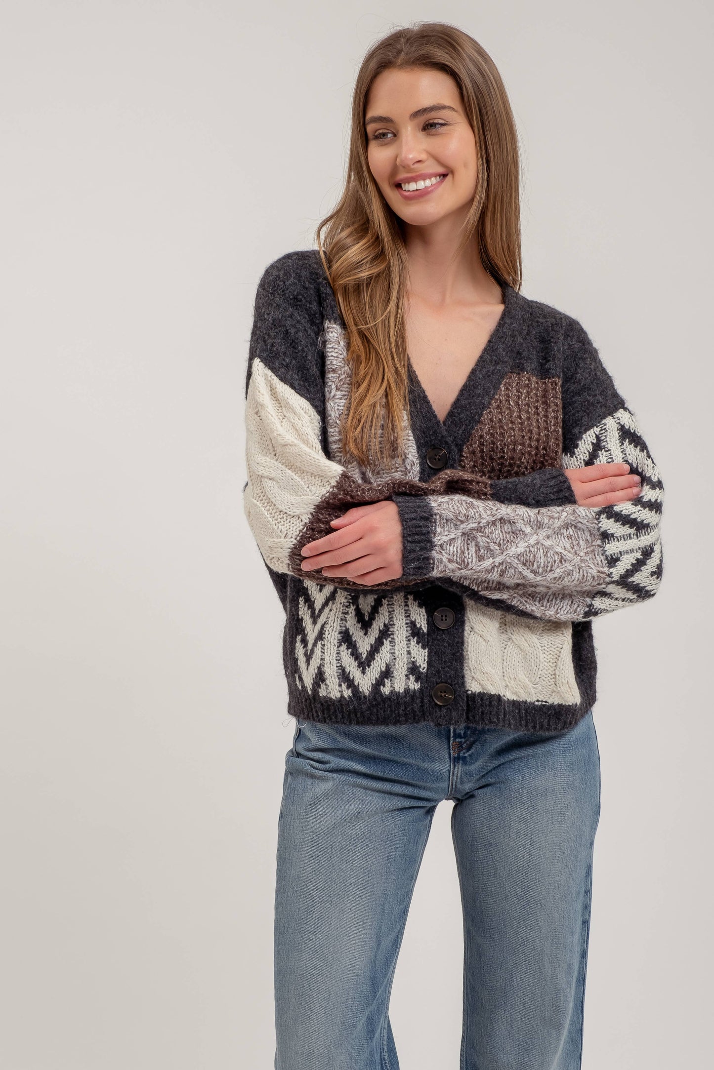 PATCHWORK CABLE KNIT CARDIGAN