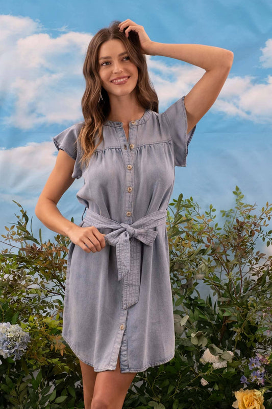 CHAMBRAY BUTTON UP FLUTTER SLEEVE DRESS