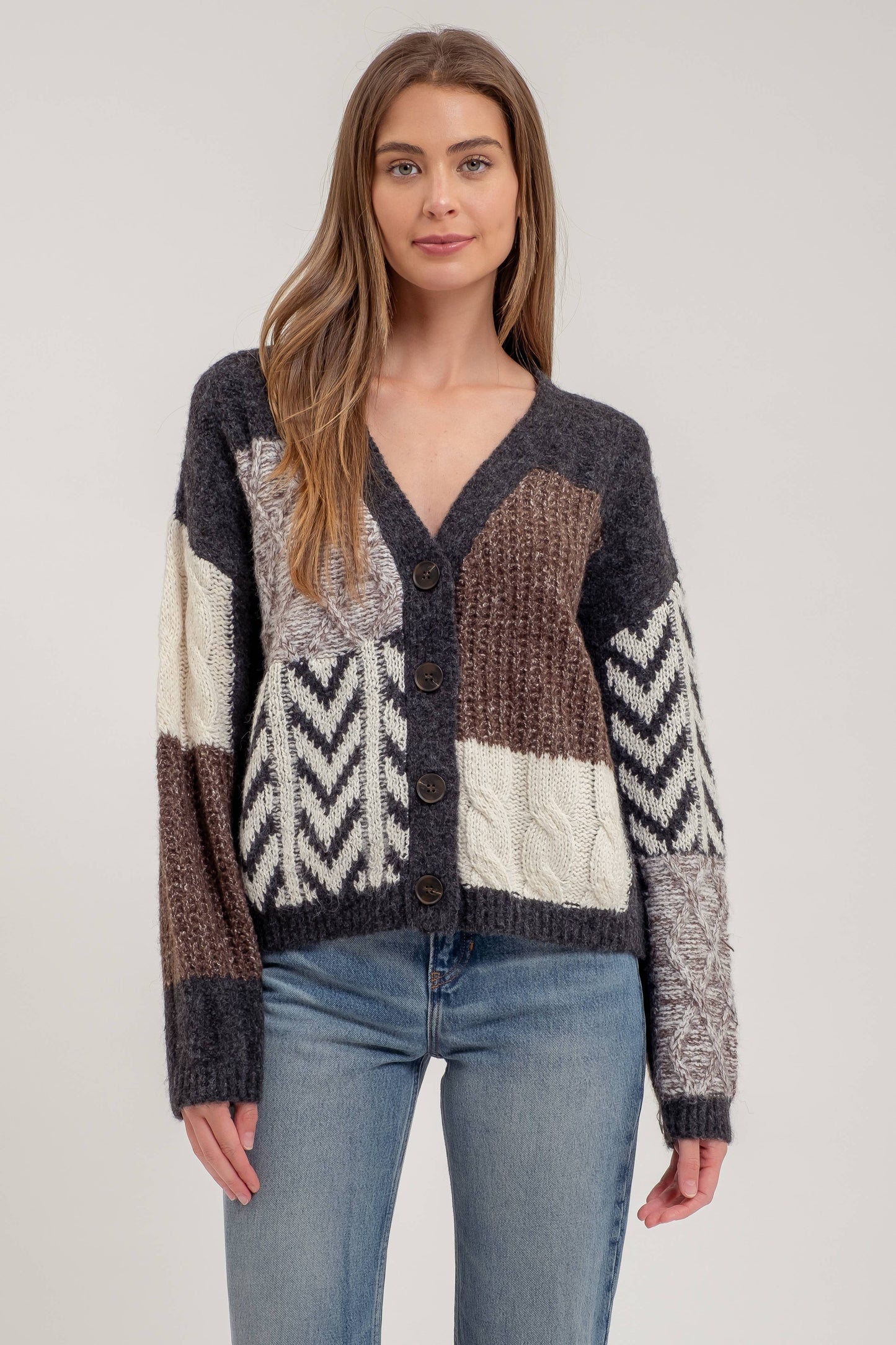 PATCHWORK CABLE KNIT CARDIGAN